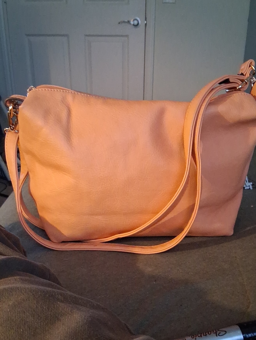 Soft Peach Leather Shoulder Bag with Adjustable Strap
